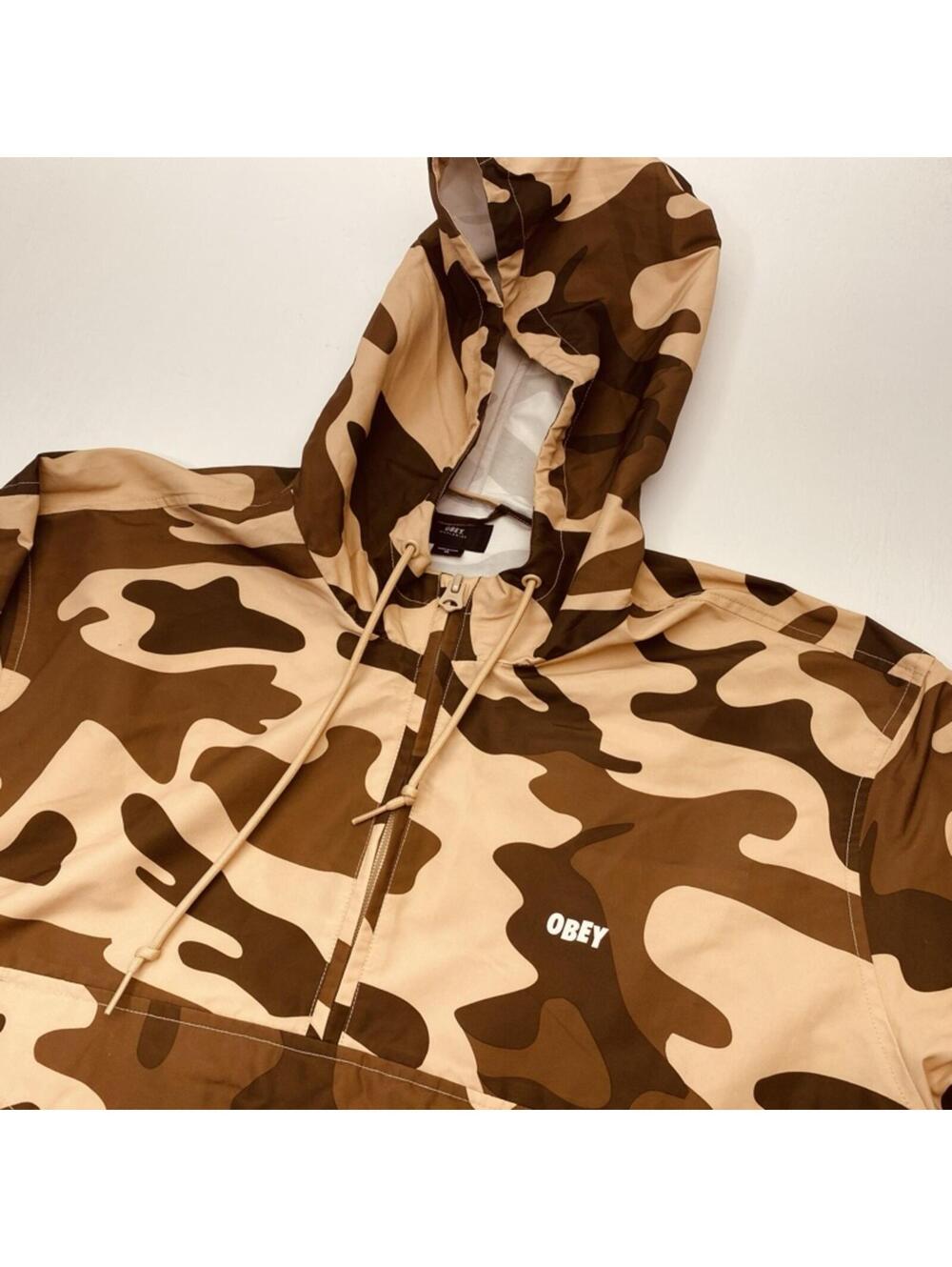 OBEY Worldwide Pullover Anorak Rain Hoodie Men's XL Brown Camo Waterproof 9903